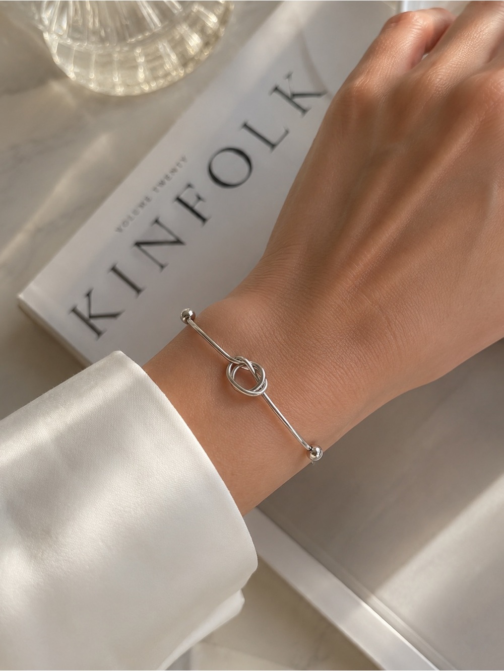 Silver Knot Cuff Bracelet Stainless Steel Waterproof Minimalist Open Cuff